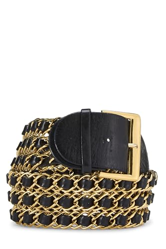 Pre-Loved Gold & Black Leather Chain Belt, Gold