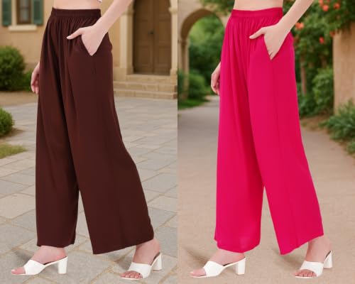 Image of Buy That Trendz Palazzo Pants for Women Rayon Elasticated Regular Fit Flared Wide Leg M to 6XL Pack of 2