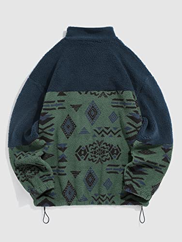 Image of ZAFUL Men Ethnic Aztec Printed Fluffy Fuzzy Jacket Plush Fleece Casual Stand Collar Zip Outwear Cardigan Coat with Pockets