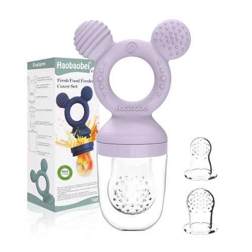 Image of Baby Fruit Feeder, Frozen Teething Toys for Babies, Teether Pacifier with 3 Extra Teats, Eating Essentials, BPA Free Baby Feeding Supplies (Lavender)