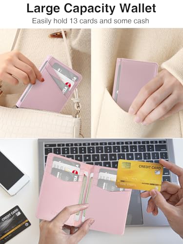 Miroddi Women's Wallet, Bifold Minimalist Wallets for Women, Leather Front Pocket Wallet, Credit Card Holder for Women, RFID Blocking Wallet, 9 Card Slots and 4 Storage Pockets, Pink2