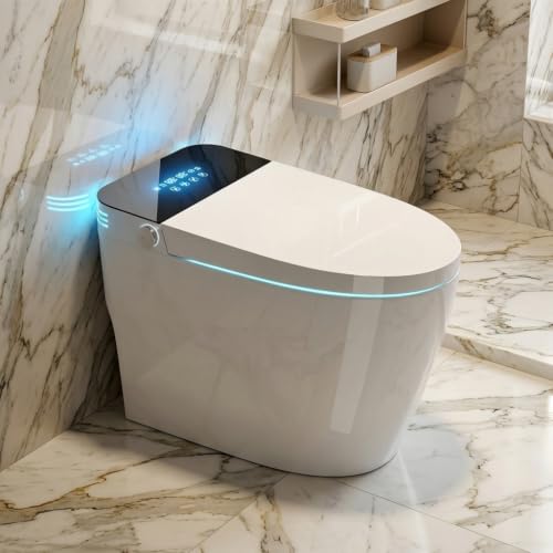 Inodoro inteligente monoblock sin tanque, elongado, altura ADA, con apertura/cierre automático, sensor de pie, lavado con agua tibia y secado con aire miniatura 7