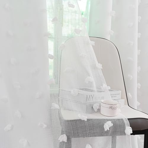 Image of Boho Pom Pom Nursery Light Block Curtains White 52x96 in | Blackout Double Layer Curtains with Pom Pom Semi-Sheer Overlay, Grommet Privacy Drapes for Toddler Bedroom Decor, 2 Panels