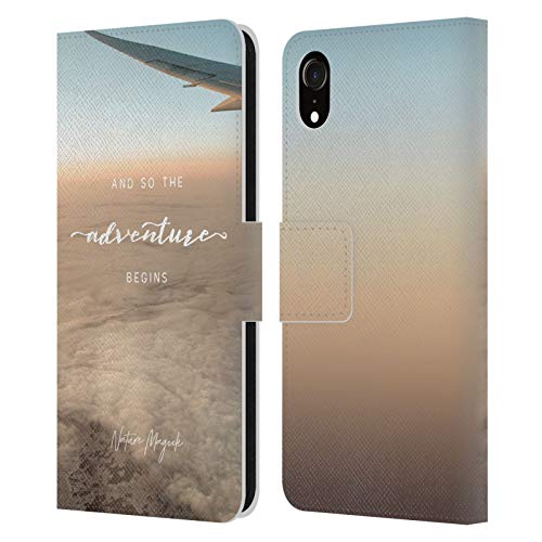 Carcasa de cuero Nature Magick para iPhone XR funda libro con diseño de avión y cita de aventura