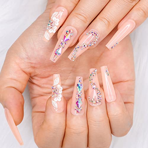 Artquee 24Pcs Light Nude Pink Clear Press On Nails Long Ballerina Glossy Fake Nail Art Luxury 3D Flower With Rhinestones Coffin False Tips Artificial Manicure Stick For Women And Girls Decoration #TOP2