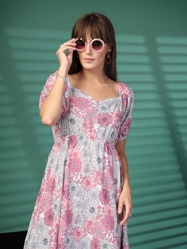 Image of OOMPH! Below Knee Shift Pink Dress in Crepe Fabric with Round Neck and Puff Sleeves - md619l