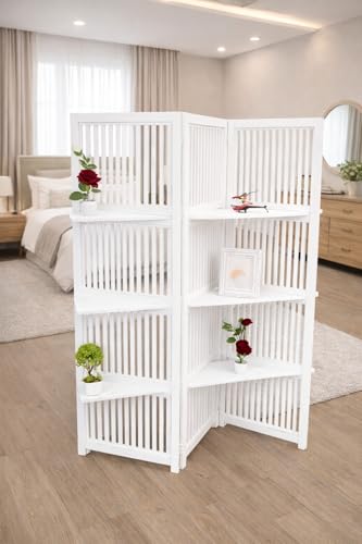 Image of Wooden Partition Divider for Living Room, Partition Wall, Privacy Divider, Freestanding Folding Panels for (6 Feet 3 Panel with 3 Shelve) (6 Feet 3 Panel White with Shelves)