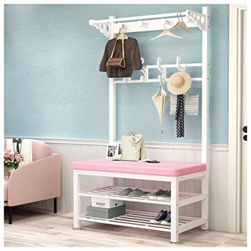 Perchero y banco industrial 4 en 1 con zapatero para pasillo y dormitorio, color blanco, 80 x 33 x 170 cm