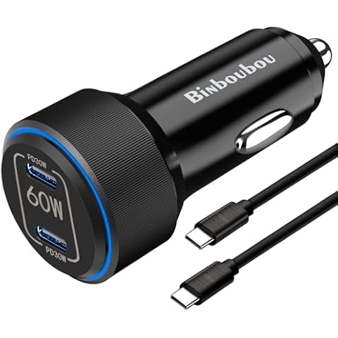 Binboubou 60W Dual USB C Car Charger, Type C Super Fast Car Charger Adapter with 4FT C to C Cord Compatible with Samsung Galaxy S23/S22/S21/Ultra/Plus, iPad Pro, Pixel Cover