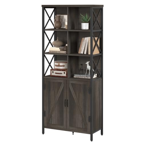 Fatorri Bookshelf With Doors, Rustic Wood Bookcase With Cabinet thumb #8