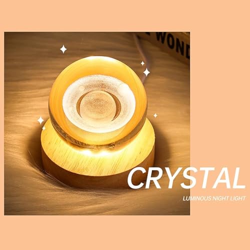Image of Crystal Ball Lamp with Wooden LED Base | Engraved 3D Moon & Stars Night Light | USB Rechargeable Home Decor | Birthday Gift for Teens, Boys & Girls (Saturn Lamp)