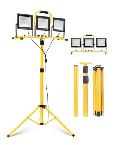 210W Projecteur LED Chantier avec Trépied, 20000LM, 3 Têtes Orientables, Câble 5m, IP66 Étanche, Lampe de Travail Pliable pour Extérieur, Chantier, Réparation Auto...