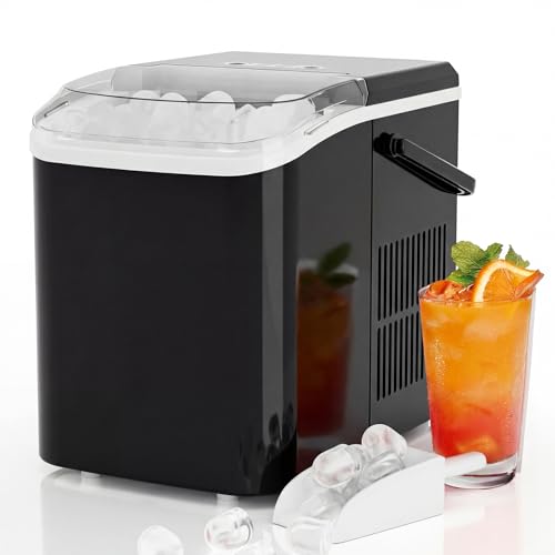 Sweetcrispy Eiswürfelmaschine mit Tragegriff, Selbstreinigend, 9 Eiswürfel in 6 Minuten, 12 kg Eis in 24 Stdn, Kompakt mit 2 Eisgrößen, Kleiner Eiswürfelbereiter für Küche Party Büro Bar, Schwarz