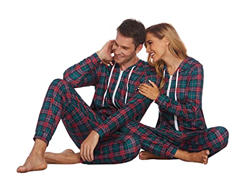 Ekouaer Women's & Men's Hooded Fleece Plaid Onesies Unisex One-Piece Pajamas (Plaid2,X-Large) #TOP2