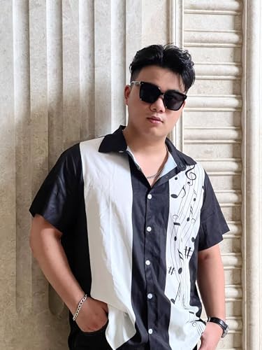 Gwnnb Music Bowling Shirts for Men Note Print Short Sleeve Regular Fit Hawaiian Casual Button Down Beach Shirts