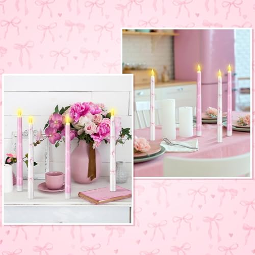Image of Conelist 6 Pcs Pink Bow Flameless Taper Candles 10.6 Inch Coquette LED Battery Operated Candles for Birthday Bridal Wedding Dinner Room Decor