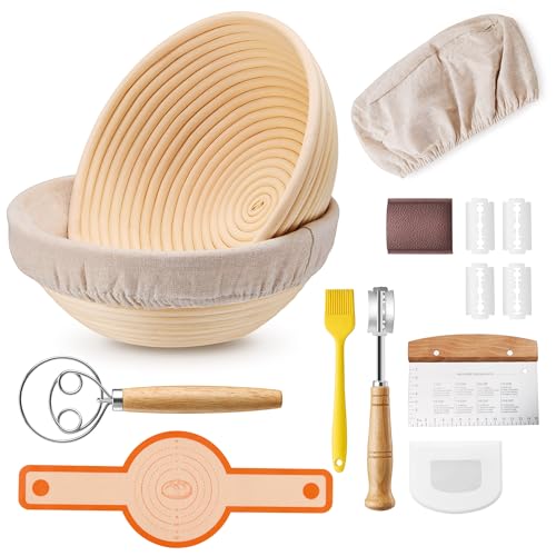 E-far Juego de 2 cestas a prueba de pan, suministros redondos de 9 pulgadas para hornear pan de masa madre, kit completo de inicio de masa madre para principiantes