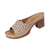 Women's Floral Chunky Open Toe Slip On Platform Mule Sandals Round Toe Block Heel Slides Chunky High Heel Shoes Khaki