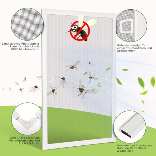 FLYZZZ Fliegengitter Fenster mit Rahmen 120X 140cm Aluminium Insektenschutz Fenster Mückengitter Selbstbausatz Fliegenschutzgitter in Weiß, Ohne Bohren und Schrauben