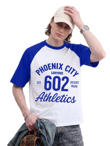 Image of LEOTUDE Oversized Phoenix City 602 Graphic Baseball Tee for Men | Half Sleeve Round Neck Drop Shoulder | Made Athletic Raglan T-Shirt Casual Streetwear Red White Sports T-Shirt for Men's (Color:Blue)