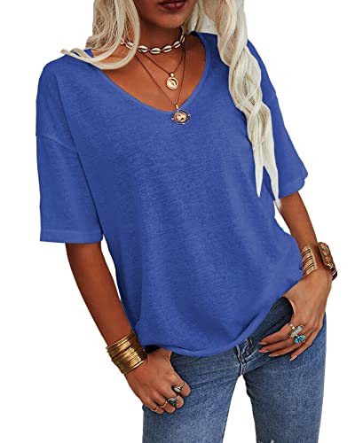 Grlasen Womens Summer Tops Fashion V Neck Half Sleeve Oversized T Shirts Elbow Length Tee Shirts Casual Tops Loose Fit Royal Blue #TOP1
