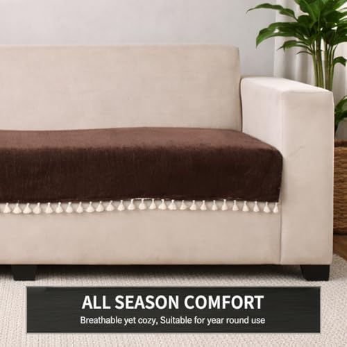 Image of STITCHNEST Brown Chenille Sofa Cover 70x30 Inch - Soft, Durable & Textured Fabric with Tassels | Sofa for Living Room, Bedroom, or Drawing Room14