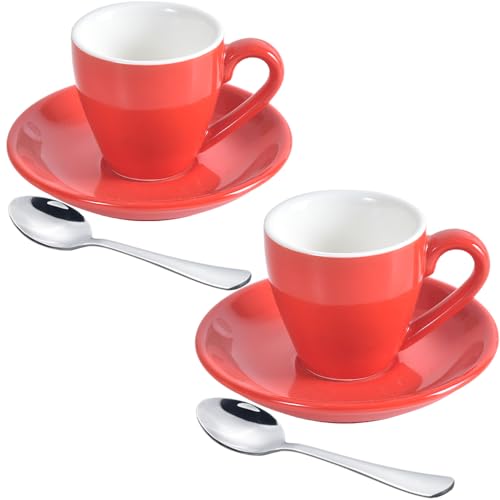 ionEgg Taza de café expreso de porcelana con platillo y mini cucharas de acero inoxidable, taza de chupito para espresso, 80 ml, paquete de 2, color rojo