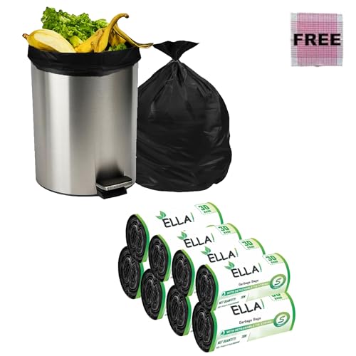 Image of ELLA Garbage Bags 17x19 Inches | 240 Bags (8 Rolls x 30) | Black | Small | Durable Leak-Proof Dustbin Covers for Home, Kitchen, Bathroom, Office & Daily Waste | With Check Duster Cloth Free