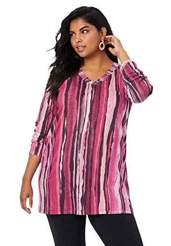 Roaman s Women s Plus Size Studded Tie-Dye Long Sleeve Tunic Long Shirt - 18 20, Dark Berry Watercolor Stripe