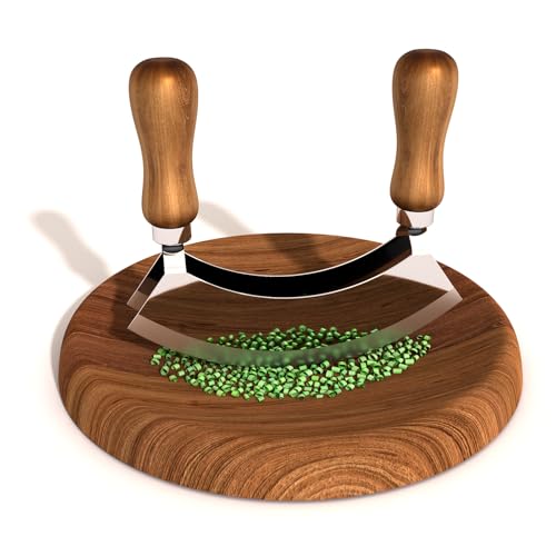 Comparison: Best Knife For Chopping Herbs 11 Pebblini Cutting Board & Mezzaluna Knife Herb Chooper–Wooden Chopping Board & 2-Bladed Curved Herb Cutter – Round Board & Double Blade Rocker Chopper