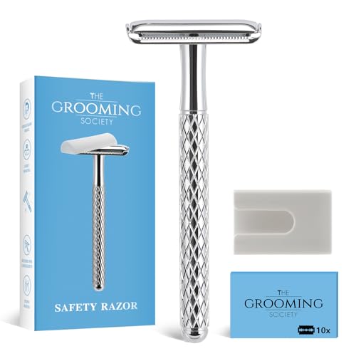 The Grooming Society Barbeador de segurança de borda dupla com cabo cromado e capa de silicone e 10 lâminas de metal ecológico, reutilizável, lâmina única para viagens