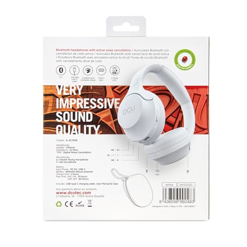 Dcu Tecnologic - Cuffie Bluetooth Wireless - Ricarica USB-C - Cuffie Ad Archetto Pieghevoli - Cancellazione Digitale Del Rumore 15-20Db - Colore: Bianco - 8