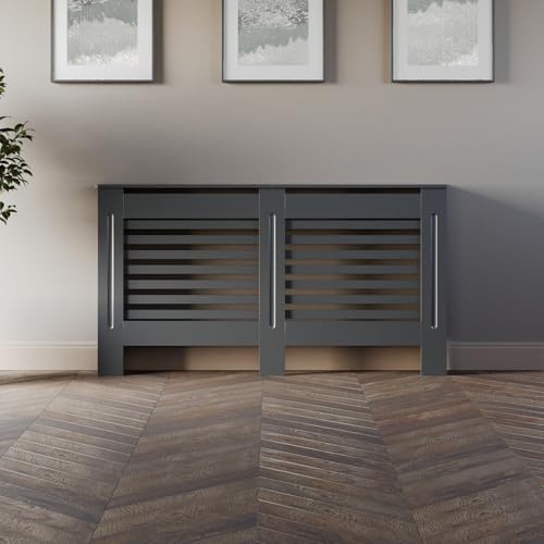 DuraTherm® Radiator Cover Anthracite Grey Painted Modern Horizontal Slat Shelves MDF Cabinet Shelf for Radiators, Living Rooms, Bedrooms, Large (W: 152cm / H: 81.5cm / D: 19cm)