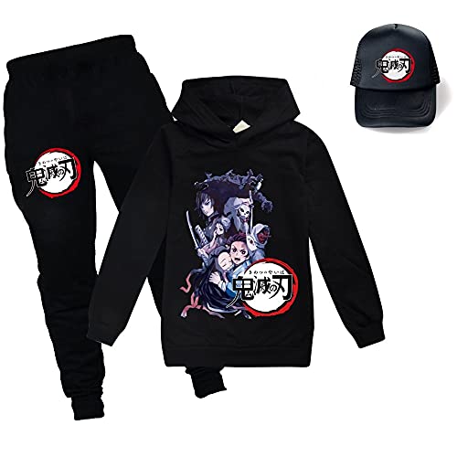 Yumenam Kinder Hoodie + Jogginghose + Baseball Kappe 3pcs Trainingsanzug Anzug Tanjirou Nezuko Gedruckt Kapuzenpullover und Hose Halloween Cosplay Kostüm für Anime Mädchen Jungen