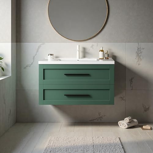 Image of Floating Bathroom Vanity with Sink, 36 inch Bathroom Storage Cabinet with Curve Design Ceramic Basin & 2 Soft-Close Drawers, Wall-Mounted Vanity with Large Storage Space & Black Handle, Green
