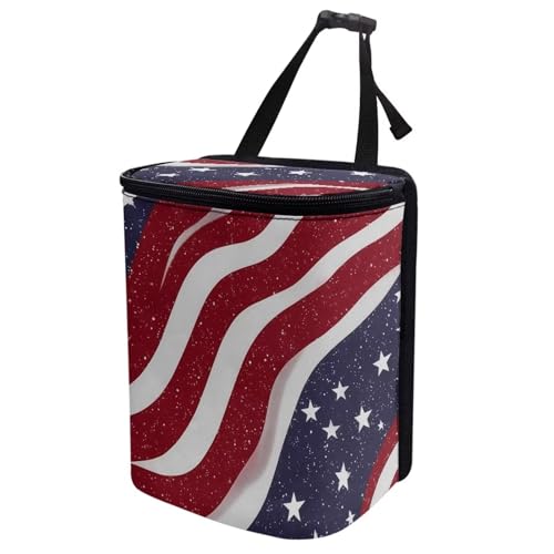 Image of Talayituse American Flag Star Print Car Trash Can with Lid, 4th of July Leak Proof Auto Trash Bag Hanging Vehicle Garbage Can Multipurpose Storage Container for Back Seat Road Trip