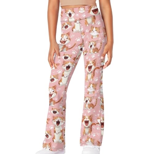 Yruonazao Pink Cat Girls Flare Leggings 13-14 Pants for Teen Girls Stretchy with Tummy Control Full Length Pants High Waisted Soft and Anti Wrinkle Suitable for All Seasons