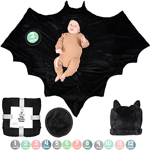 Image of Bumba Kids Multi-Use Bat Blanket has a Monthly Baby Milestone Blanket Option and Plush Black Baby Hat with Ears, Baby Bat Swaddle Blanket, Goth Baby Stuff