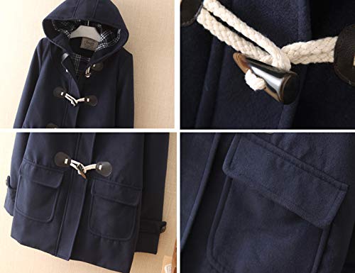 Flygo Girl's Classic Horn Button Duffle Coat Hooded Wool Blended Pea Coat3