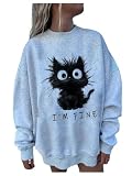 SHENHE Women's Crewneck Graphic Sweatshirts Animal Print Long Sleeve Oversized Sweatshirt Trendy Pullover Casual Tops Cat Grey Large