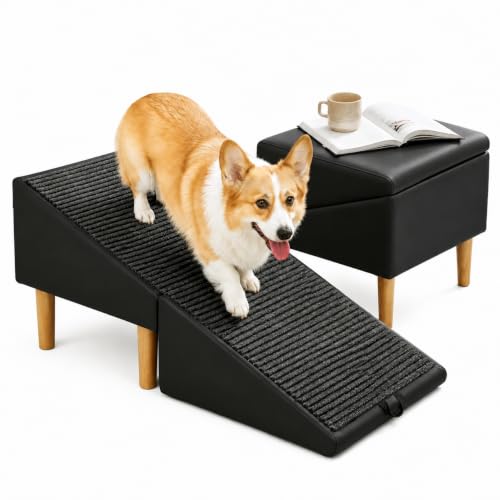 Image of 2-in-1 Foldable Ottoman Dog Ramp for Couch,Convertible Folding Dog Stairs for Couch and Bed,Non-Slip Wooden Pet Stairs for Puppy Senior Injured Dogs(Black)