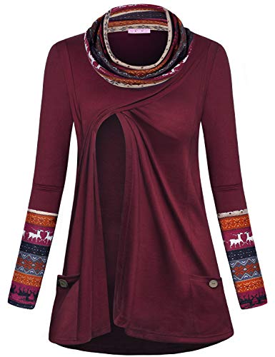 JOYMOM Maternity Nursing Top,Womens Cute Turtle Neck Long Sleeve Reindeer Pattern Breastfeeding Shirts 2 Pockets Wooden Button Postpartum Boutique Clothes Wine Medium