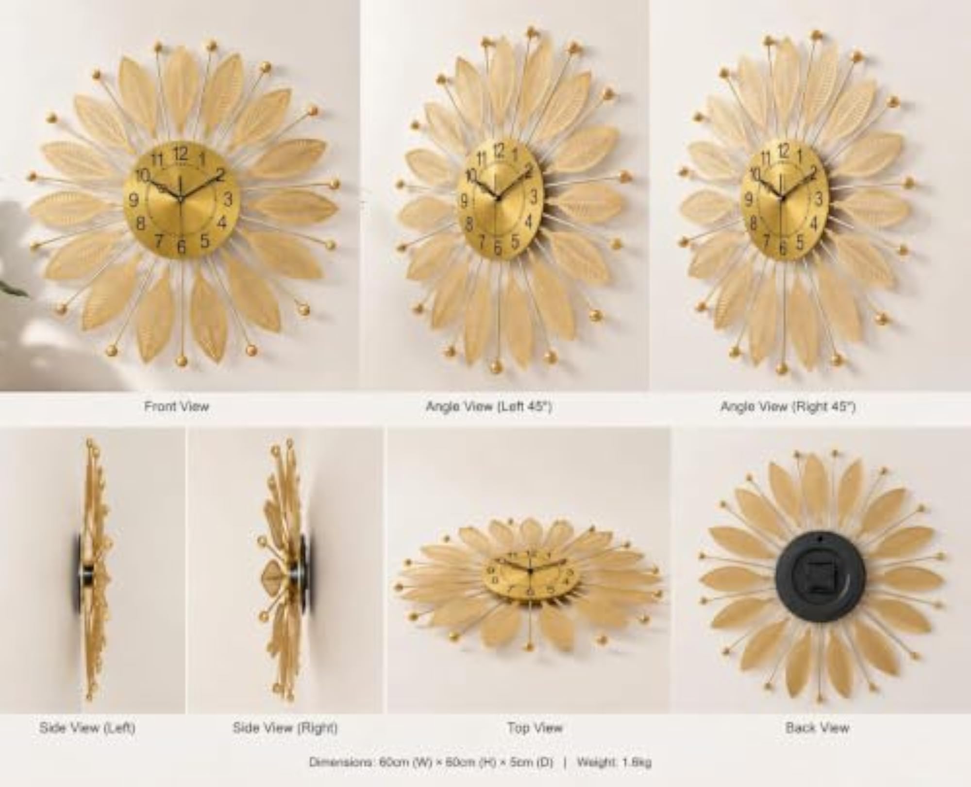 Flower Wall Clock Gold