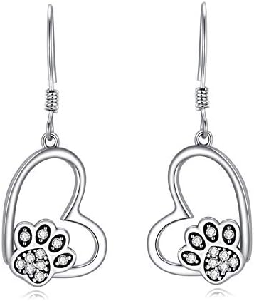 POPKIMI Dog Cat Lovers Dangle Earrings Puppy Dog Cat Pet Paw Print Love Heart S925 Sterling Silver Dangle Drop Hook Earrings Dog Earrings for Women Girl Dog Cat Pet Jewelry Birthday Christmas Gift (Dog Cat Pet Paw Print)