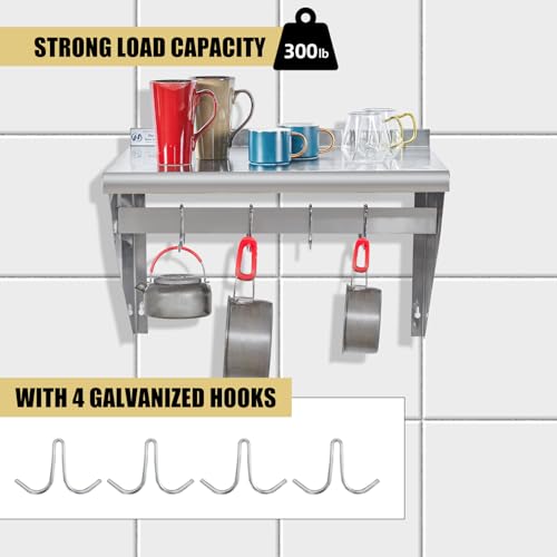 Image of Hally Stainless Steel Shelf with 4 Hooks 18 inch x 24 inch Wall Mounted Pot Rack 300lb, NSF Commercial Floating Shelving for Storage Hanging Pots, Pans, cookware in Restaurant, Kitchen, Home and Hotel