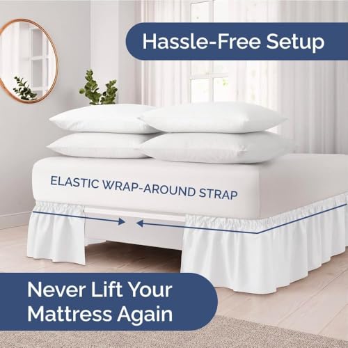 Image of Bed Skirt - Wrap Around Dust Ruffle Bed Frame Cover with Easy Fit Elastic Strap, King Size 12 Inch Drop, Microfiber Pleated, Machine Washable | White