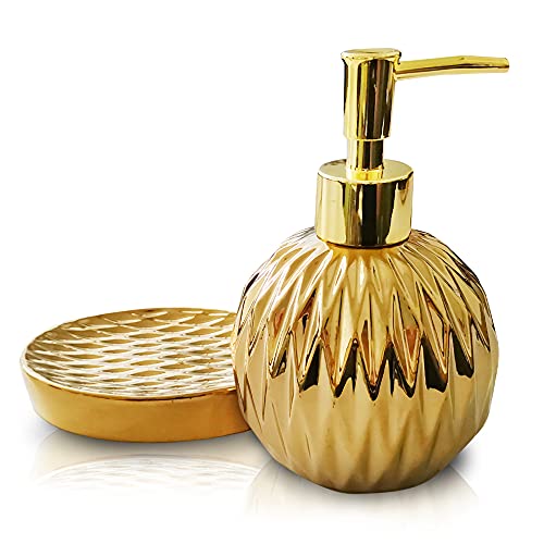 Ensemble d'accessoires de salle de bain moderne en céramique, distributeur de savon et porte-savon, gaufrage délicat et placage (doré) Cover