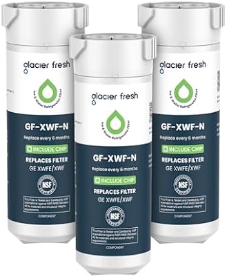 GLACIER FRESH Water Filter Compatible with XWFE (Built-in CHIP), Replacement for GE XWFE, XWF Refrigerator Water Filter NSF/ANSI 42 Certification Pack of 3