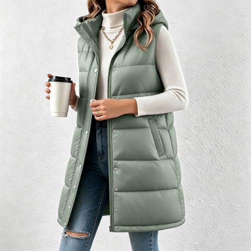 XOGWVJ Womens Long Vests Sleeveless Outerwear Womens Puffer Vest Long Hooded Sleeveless Coat Winter Warm Quilted Zip Up Jacket with Pockets Casual Cold Outerwear Green XL - image 7