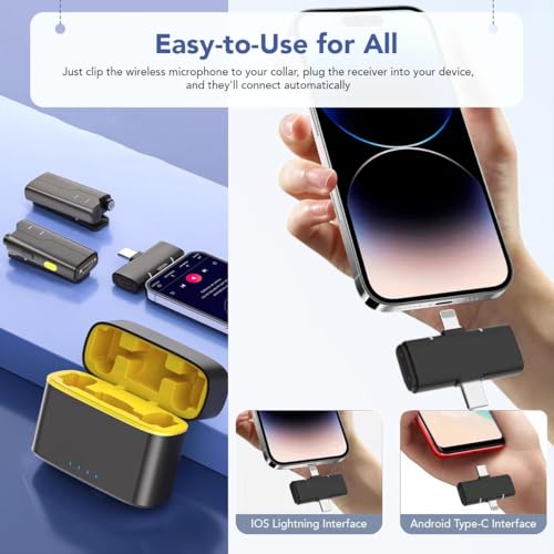 Image of Omnidirectional Wireless Lavalier Microphone for Android /iPhone 3 in 1 Collar Mic with USB-C & Lightning Plug | Rechargeable Wireless Mini Portable Bluetooth Speaker with Microphone (Yellow-SX80)